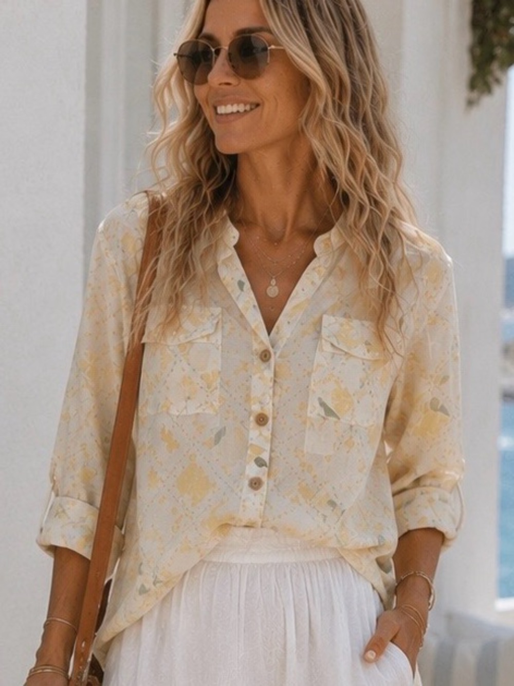 Lemon Print Blouse Coastal Mediterranean Resort Top Button Front Lightweight M